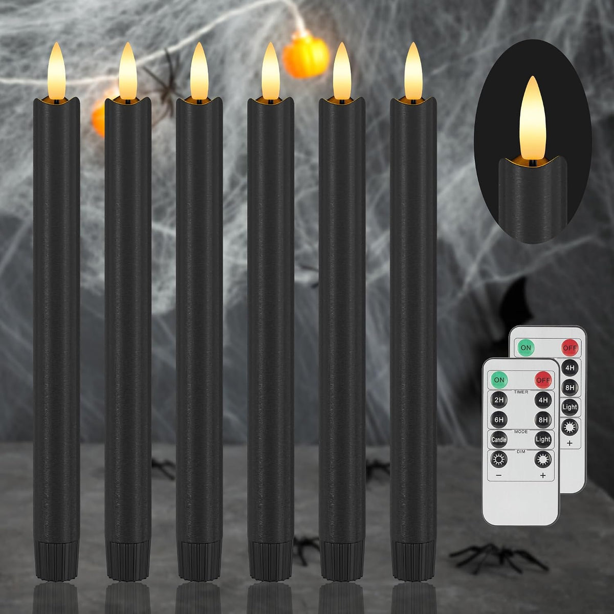 Black Halloween Flameless Candles with Remote, 9.6" Wax LED Taper Candles