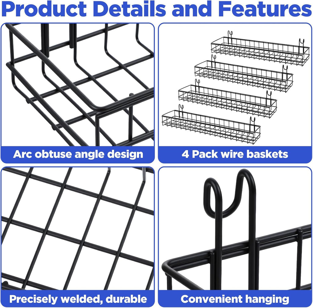 4 Pcs Black Metal Grid Wall Baskets with Hooks, Hanging Wire Storage Organizer Shelf for Kitchen Bathroom Office, 15.75 x 3.94 x 1.97 Inch