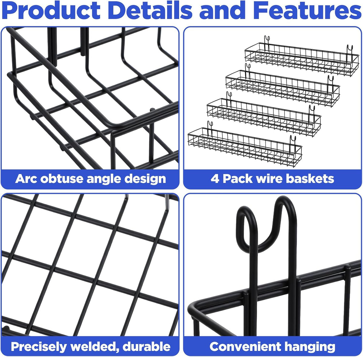 4 Pcs Black Metal Grid Wall Baskets with Hooks, Hanging Wire Storage Organizer Shelf for Kitchen Bathroom Office, 15.75 x 3.94 x 1.97 Inch