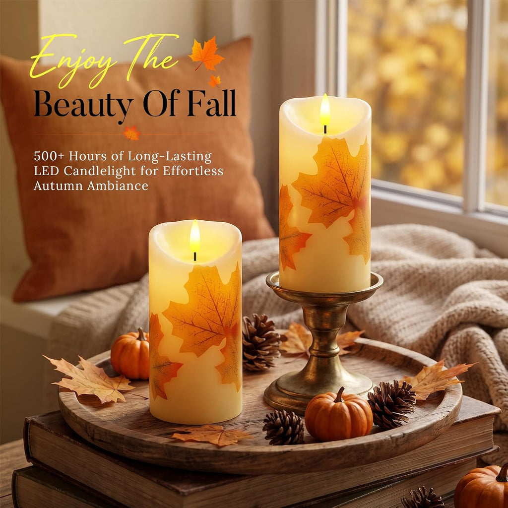 Raycare 6"x3" Maple Leaf Real Wax Flameless LED Pillar Candles with Remote