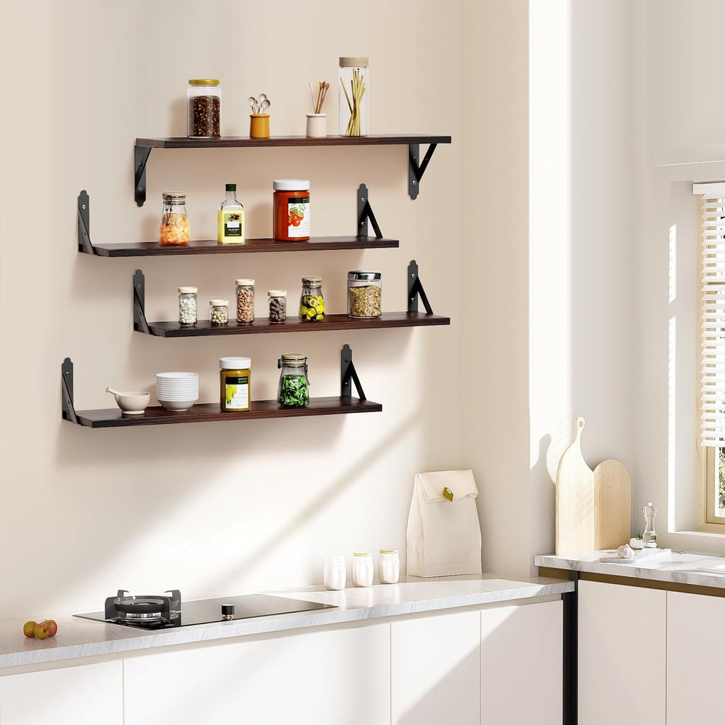 ROMGUAR CRAFT Wood Wall Floating Shelves Set of 4, 23.6" x 6" - Brown