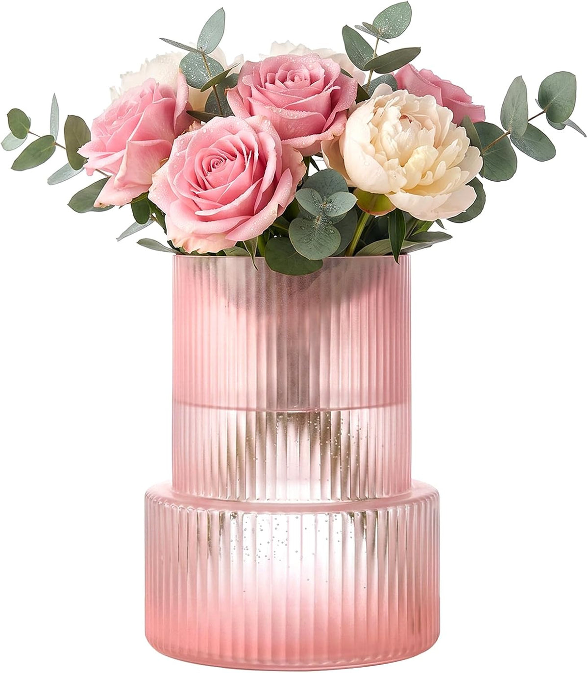 Pink Ribbed Glass Vase, Modern Decorative Flower Vase