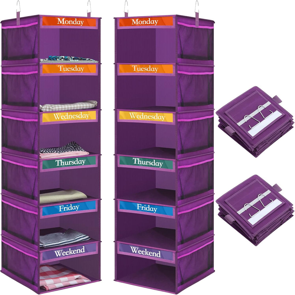 Amylove 2 Pcs 6 Shelf Hanging Weekly Clothes Organizer for Kid,Purple