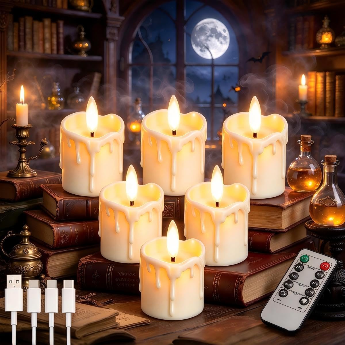 Votive Candles Battery Pperated, Rechargeable Flameless Tea Light Candles with Timer Remote 1.5"x2.2" Dripping Fake Electric Flickering Votive Candles for Halloween Wedding Party Home Decor ,6 pack