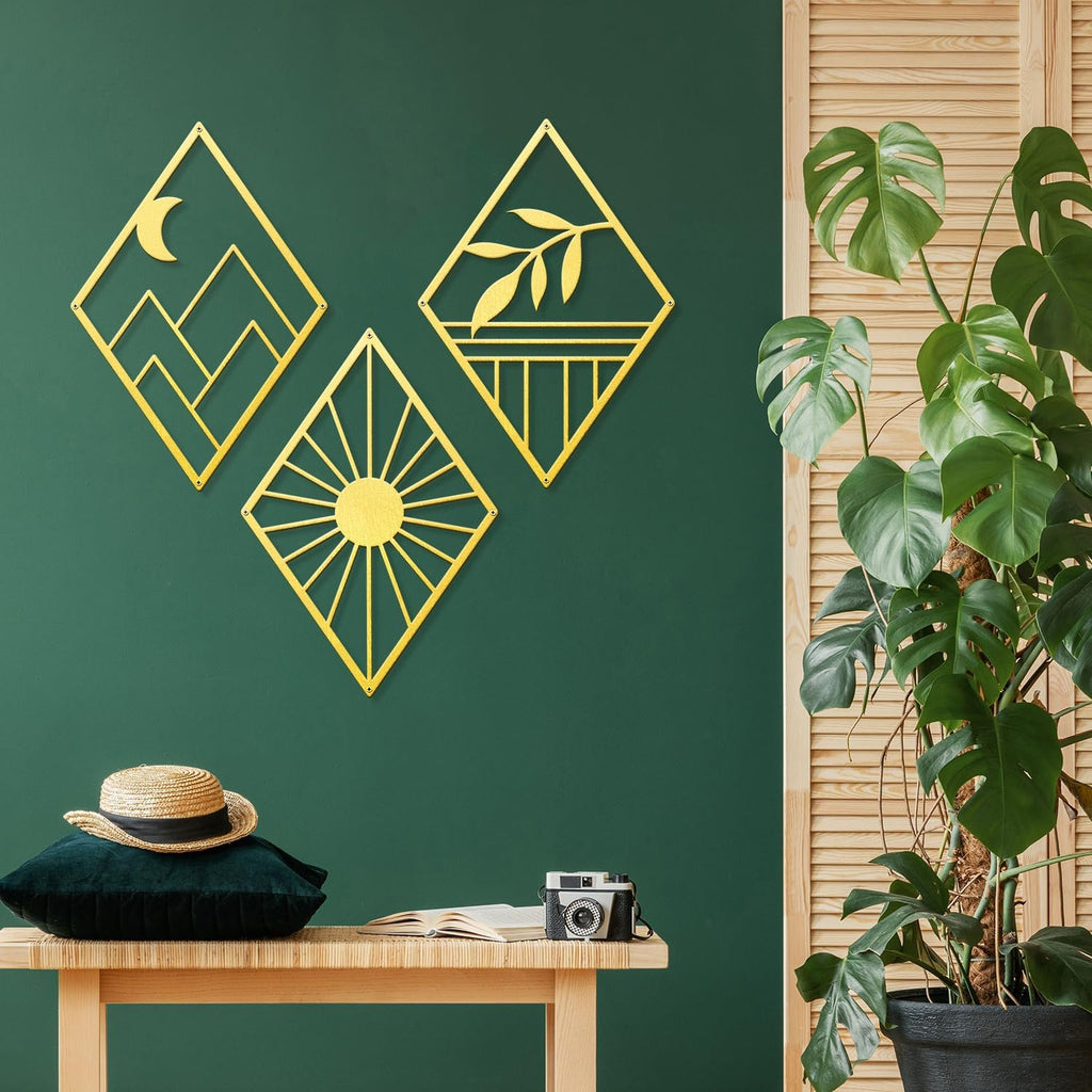 Sokurdeg Gold Metal Wall Art, Boho Minimalist Geometry Wall Art, Bohemian Abstract Line Metal Art Wall Decor for Bedroom Bathroom Living Room (3 Pack, 12 x 17 in)