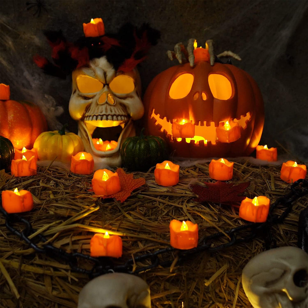 Halloween 12 Pack Orange Tea Lights, Small Dripping Candles, Battery Operated LED Tealights, Mini Pumpkins Lights with Warm White Bulb, Flameless, Electric Fake Tea Candles Realistic for Halloween