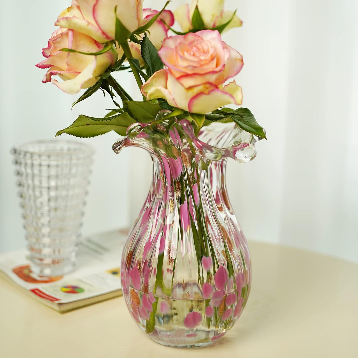 QFkris Hand Blown Glass Vase, Modern Art Flower Vase with Pink Petal Decor