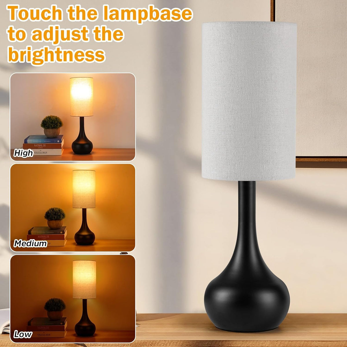 2 Pack Touch Bedside Lamp for Nightstand,3-Way Dimmable,Space Saving & No Assembly Required, Upgraded Small Droplet Vintage Black Table Lamp for Bedroom, Living Room (Bulb Included)