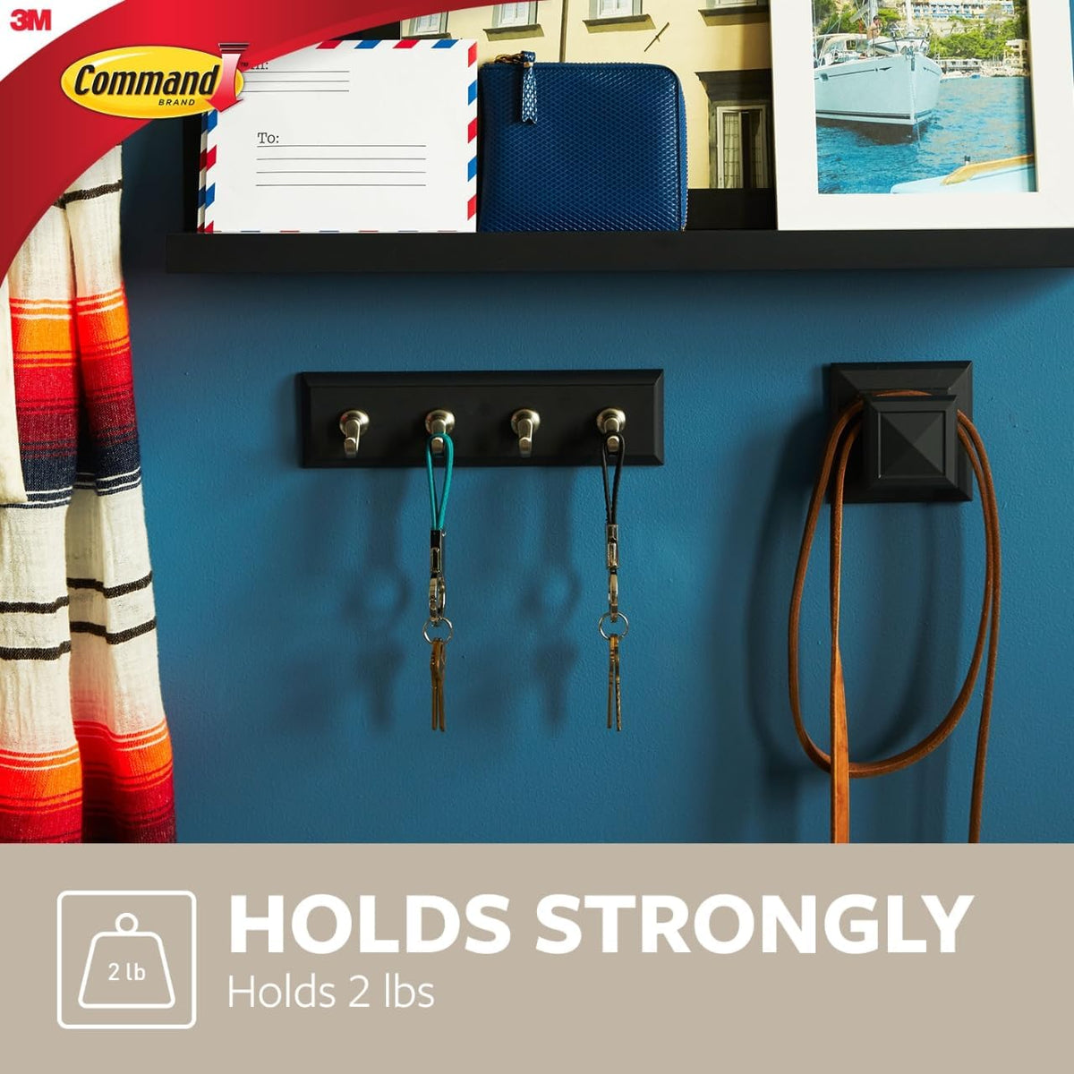 Command Key Rail, 8-inch Rail with 4 Key Hooks and 6 Strips, Quartz, Removable Key Hooks for Entryway or Hallway, Hang Keys, Hats, Dog Leashes, and Accessories, Holds up to 2 lb