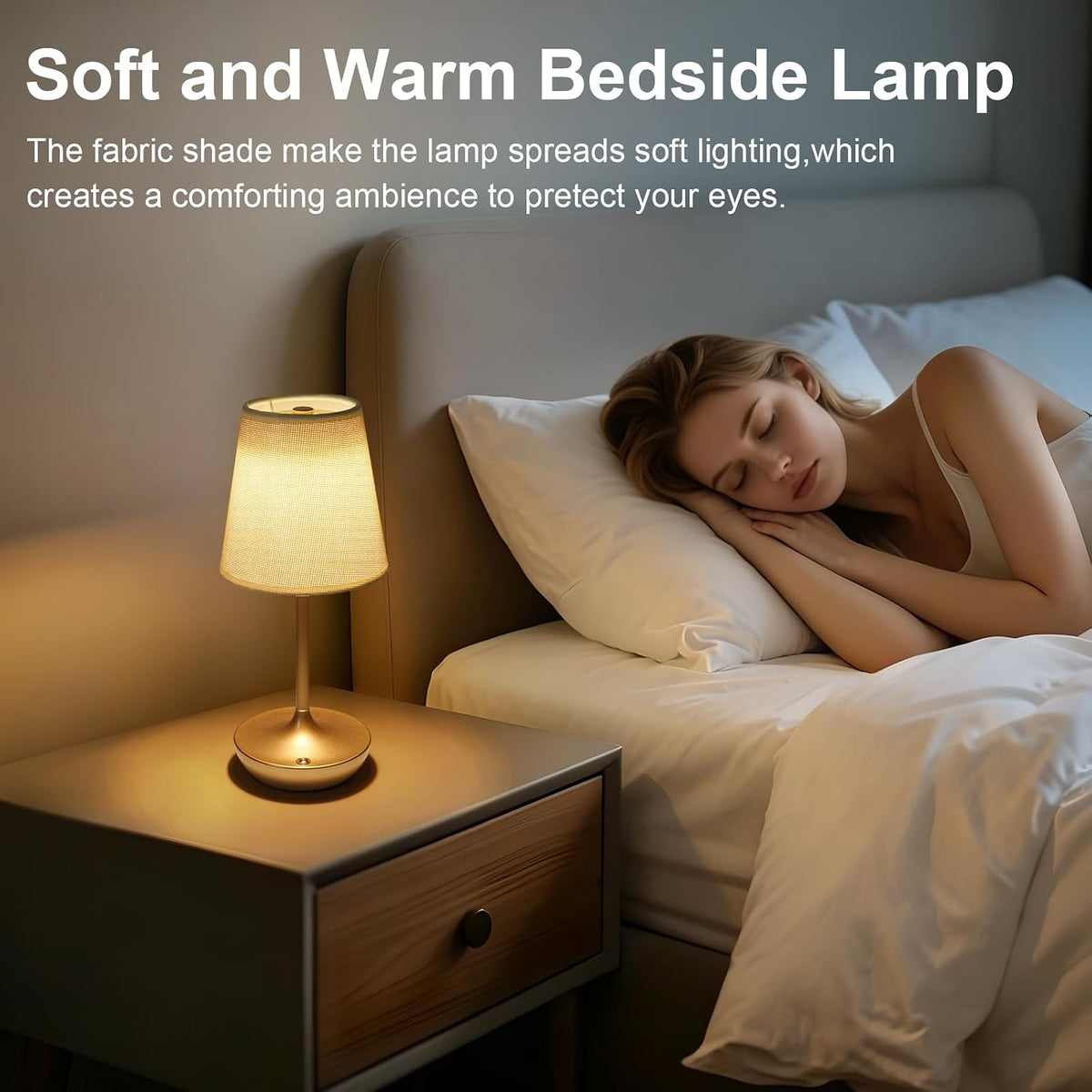 Cordless Table Lamp Rechargeable, Fabric Shade Bedside Lamp