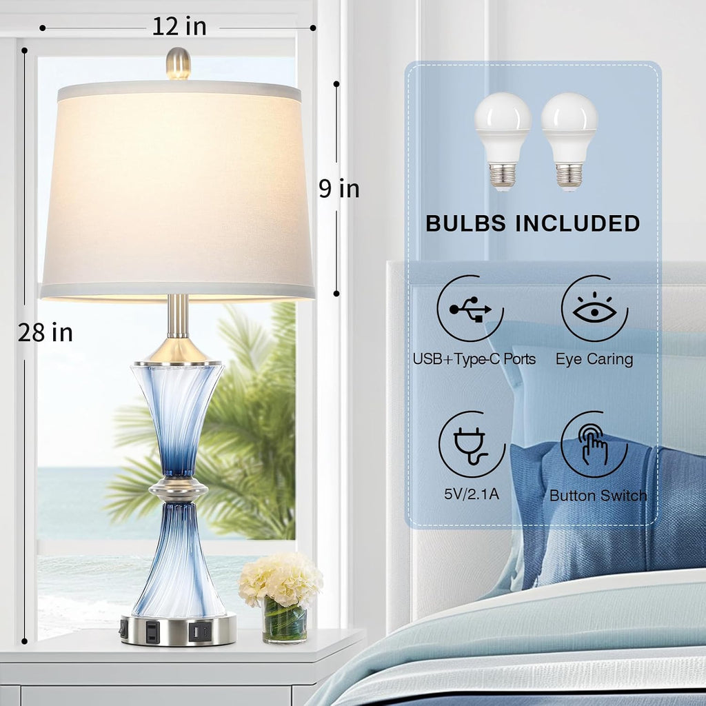 Rinweey Blue Glass Table Lamp with USB C+A Ports & AC Outlet,Coastal Bedside Lamp for Night Stands Bedroom Living Room,Nightstand Lamp LED Bulbs Included,Single Blue