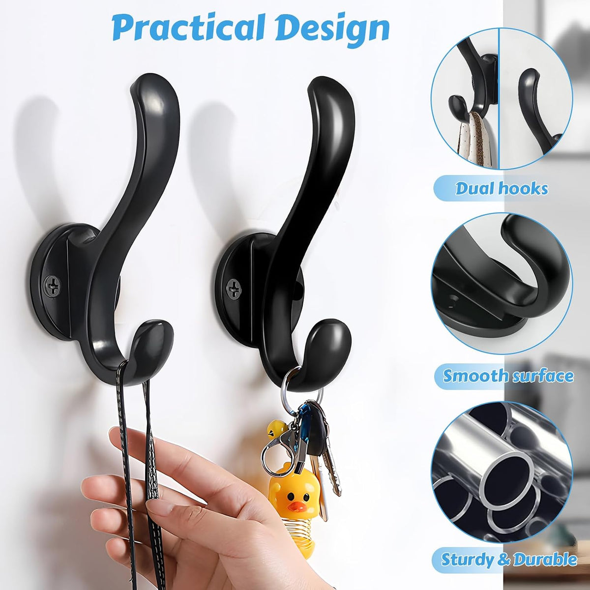 6 Pack Coat Hooks Wall Mount Heavy Duty Utility Retro Double Hooks for Hanging Coats,Hat, Towel, Key, Robe, Scarf, Bag, Cap (Black)