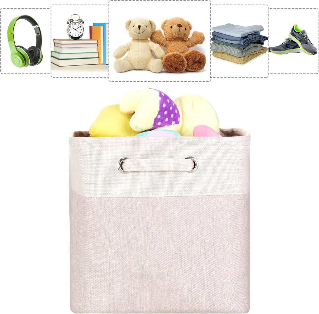 3 Pack 13x13x13 Storage Cube Bins with Handles, Beige Fabric Storage Baskets Heavy Duty Foldable - Cloth Organizer Bins for Closet, Shelf, Office (13 Inch Cube Storage Bins)
