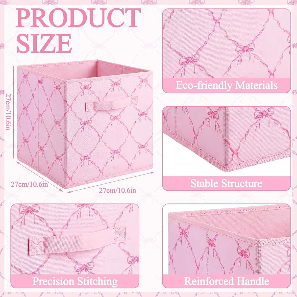 Geelin 6 Pcs Pink and Pink Bow Cube Storage Bins 11 Inch Storage Basket