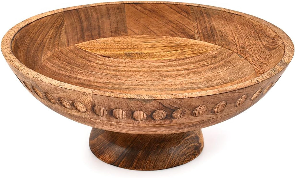 Fruit Bowl Mango Wood Elevated Decorative Serving Bowl | Natural Wooden Centerpiece for Kitchen & Dining (12" x 12" x 4.75")