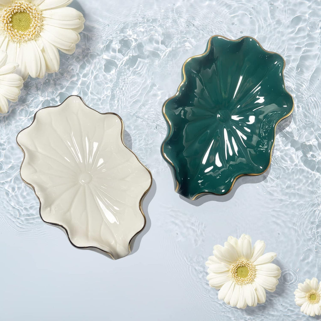 Bathroom Soap Dishes Green, Lotus Leaf Soap Holder,Ceramic Soap Dish for Counter Top,Self Draining Soap Holder (Green)