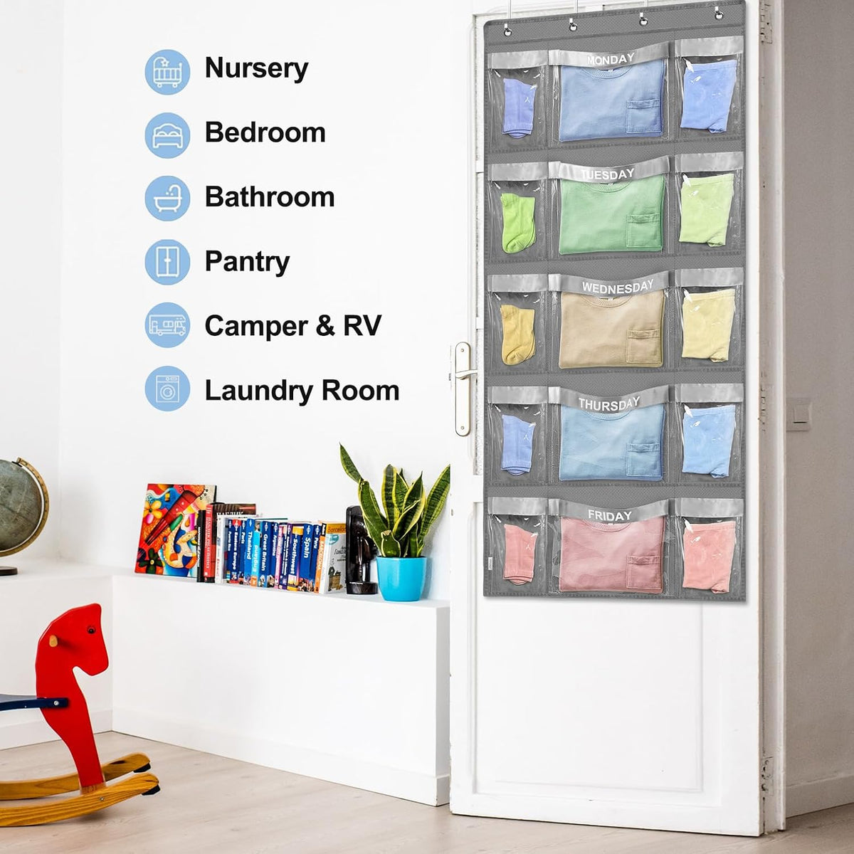 Weekly Hanging Closet Organizer for Kids,Day of Week Kids Clothes Organizer,School Clothing Storage Monday to Friday Hanging Closet Organizer Shelves for Bedroom,Bathroom,Dorm (Grey)