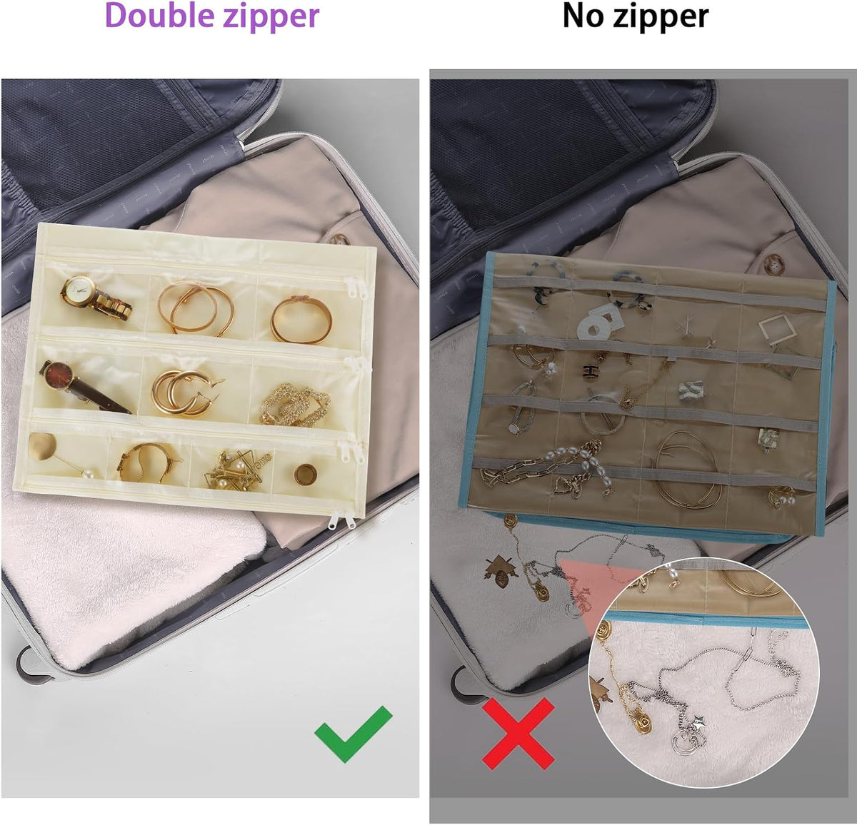 FOREGOER Hanging Jewelry Organizer 32 Zippered Pocket, 2-Sided, Beige