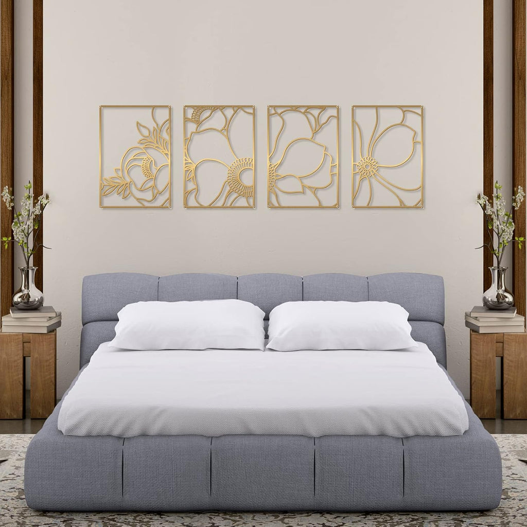 Glamativity Large 4 Pack Gold Wall Art, Minimalist Decor, Real Metal, Nature Floral Abstract, for Bedroom, Living Room, Bathroom (Gold Blossom Style, L Size 22.5 x 15.7'')
