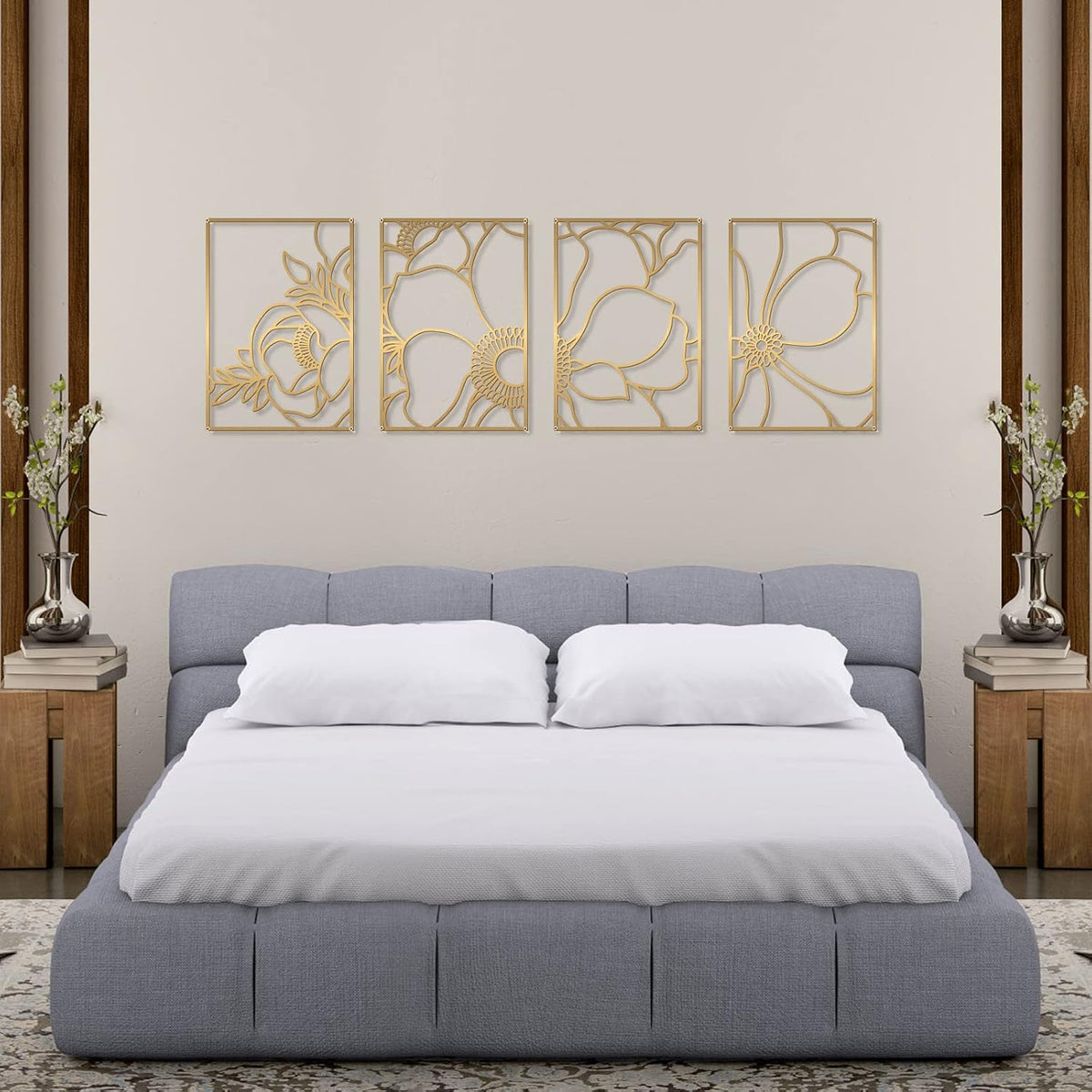 Glamativity Large 4 Pack Gold Wall Art, Minimalist Decor, Real Metal, Nature Floral Abstract, for Bedroom, Living Room, Bathroom (Gold Blossom Style, L Size 22.5 x 15.7'')