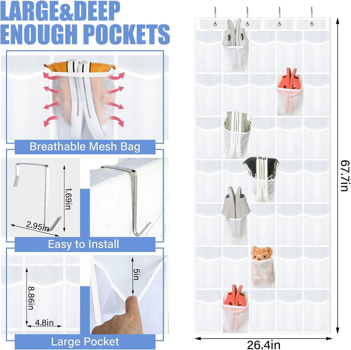Windyun 2 Pcs Large over The Door Shoe Organizer, 70 Pockets, White