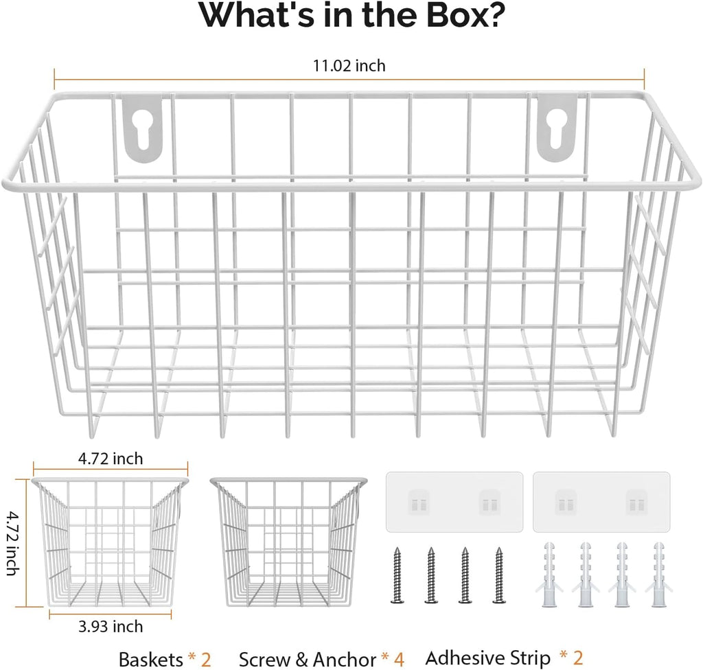 MaraFansie Hanging Kitchen Baskets Wire Storage Basket Adhesive and Screws Basket Over the Cabinet Door Organizer with Adhesive Strips and Screws Accessories, 2 Installations, 2 Pack, White