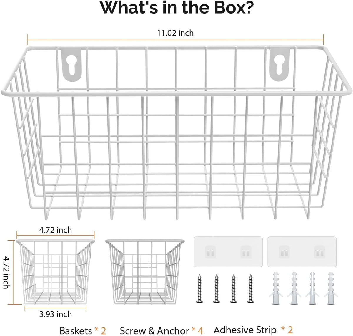 MaraFansie Hanging Kitchen Baskets Wire Storage Basket Adhesive and Screws Basket Over the Cabinet Door Organizer with Adhesive Strips and Screws Accessories, 2 Installations, 2 Pack, White
