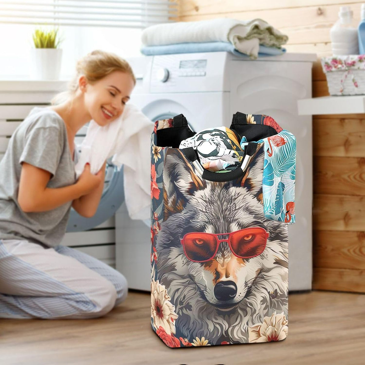 Nander Laundry Hamper Clothes Hamper Large Capacity Basket with Handles for Storage Clothes Toys in Bedroom, Bathroom, Foldable - Wolf