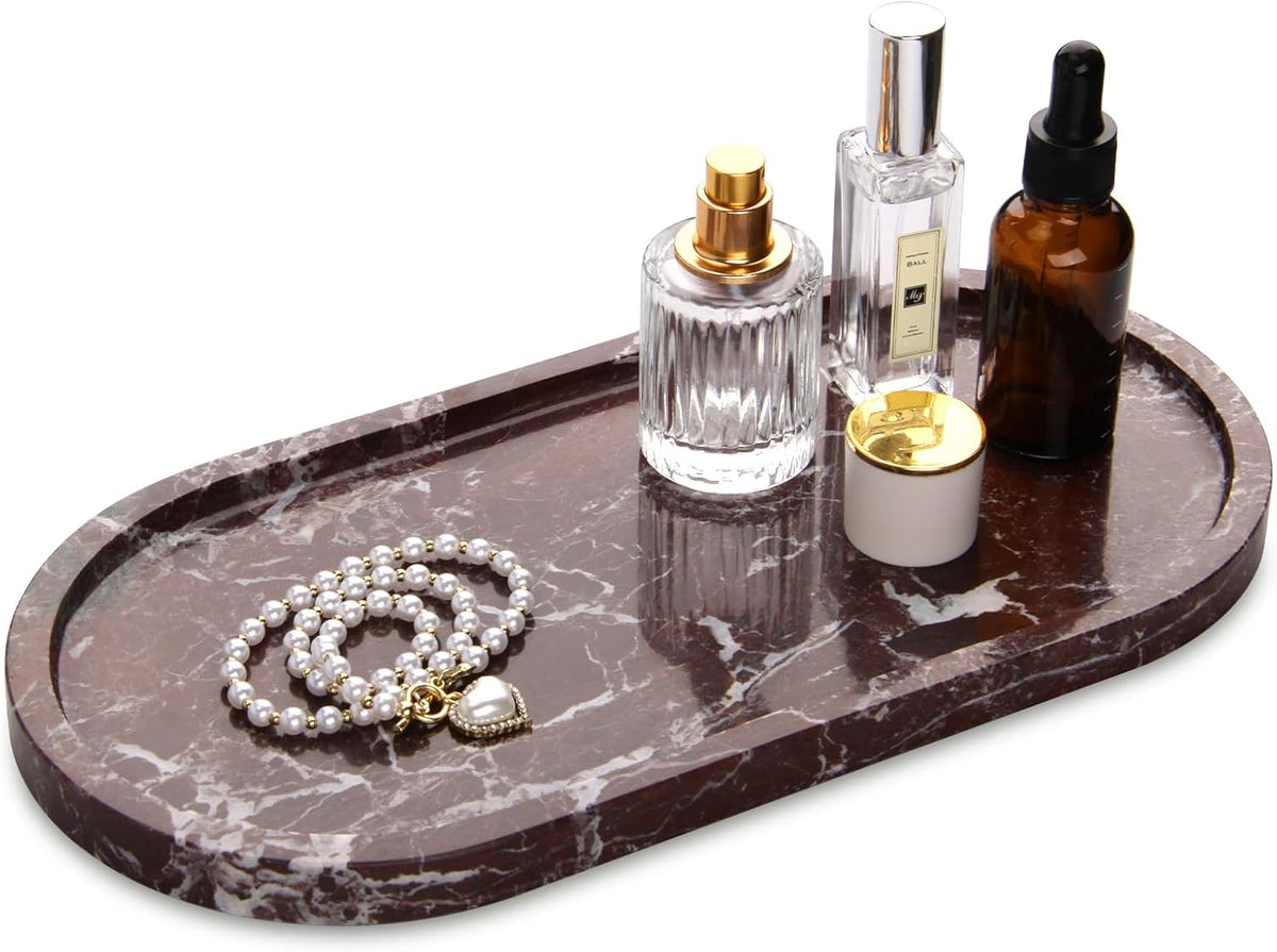 Oval Marble Bathroom Vanity Tray, Rosso Lepanto, 12" x 6" x 0.8"