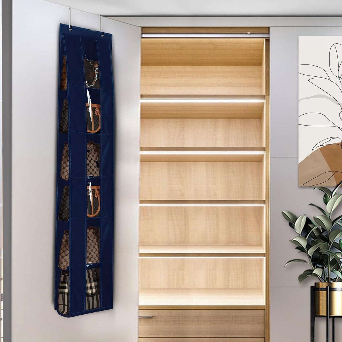 Lirex Over the Door Purse Organizer, Space-Saving Medium and Large Handbag Storage Organizer Clothing Closet Hanger, Navy Blue