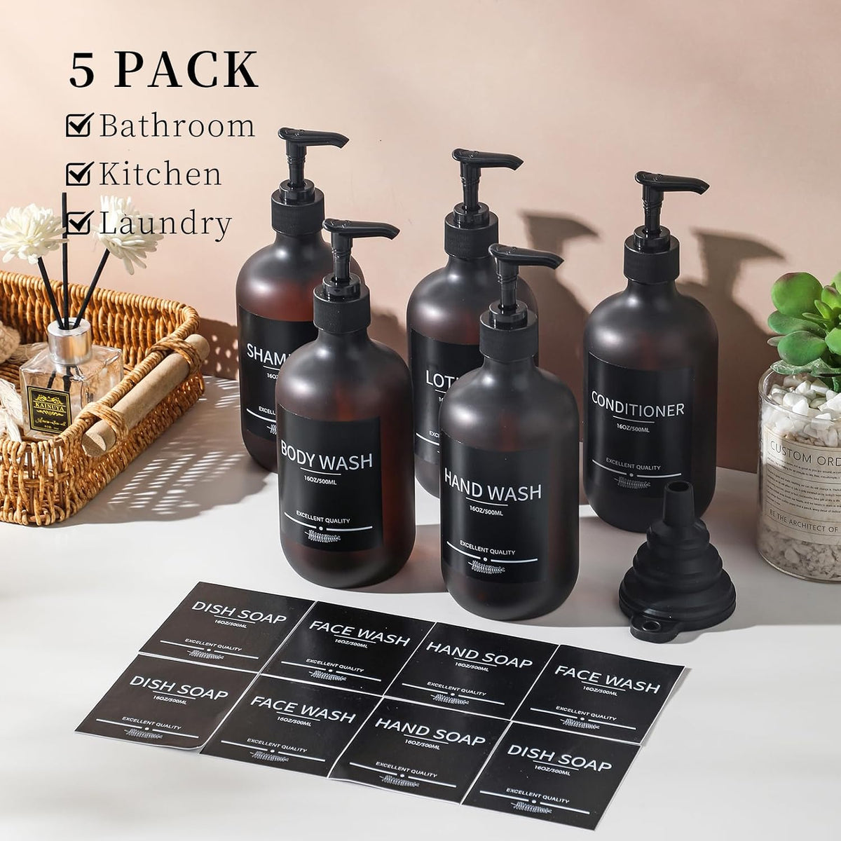 Refillable Matte Amber Plastic Shampoo and Conditioner Bottles (5 Pack, 16.9oz), with Pumps and Labels
