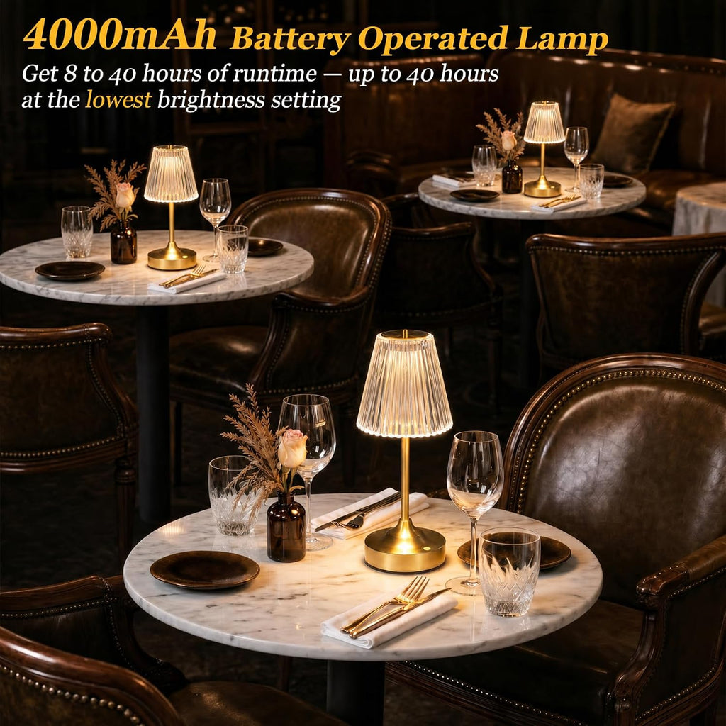 Kakanuo Gold Cordless Rechargeable Table Lamp, Touch Battery Powered Lamp, 3 Color Modes, Crystal Acrylic Lampshade, Portable Ambient Night Light for Desk, Bedroom, Dining Room, Kitchen, Bar (2 Pack)