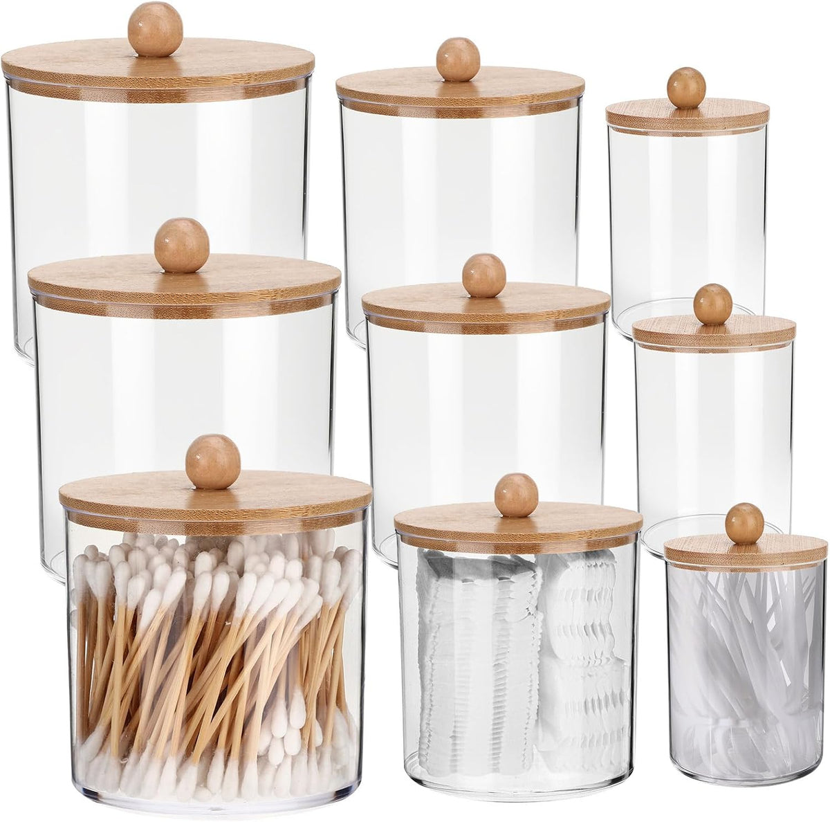 Meanplan 9 Pack Clear Acrylic Apothecary Jars with Bamboo Spherical Lids