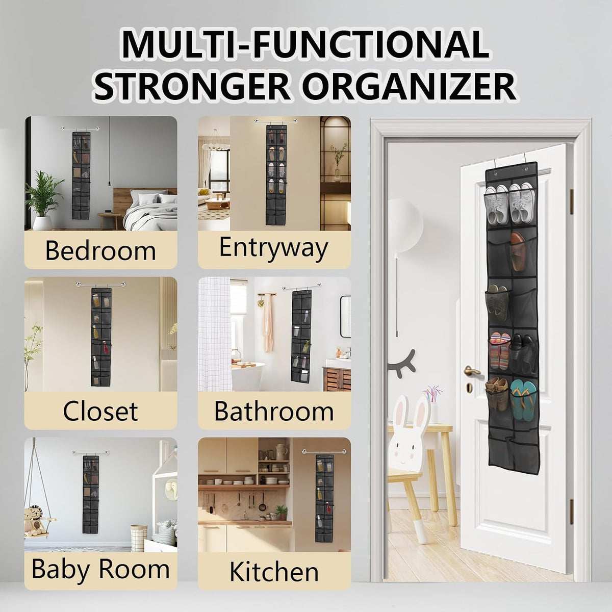 Over the Door Shoe Organizer, 12 Mesh Pockets, Gray, 4 Metal Hooks
