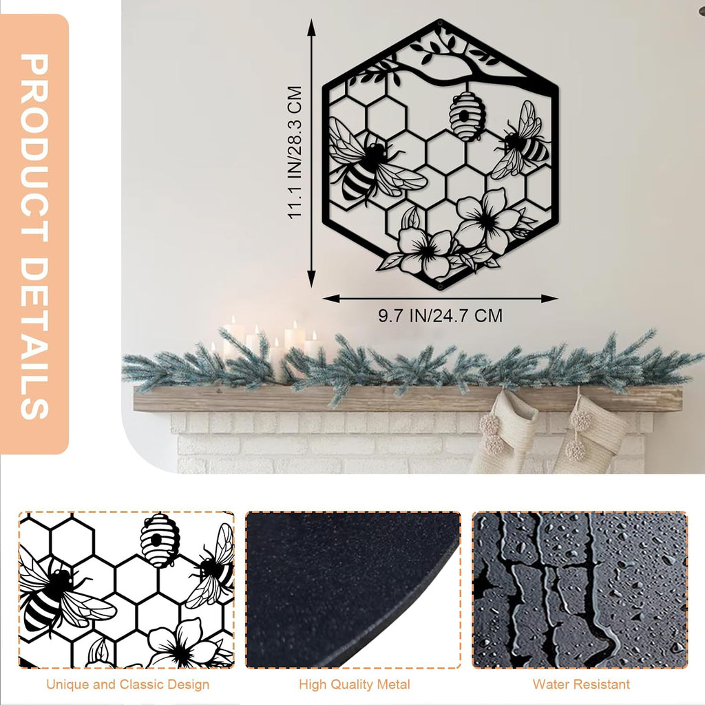 ruelen Metal Bee Wall Art - Farmhouse Honey Bee and Hives with Flowers Metal Wall Decor for Living Room,Bedroom,Garden,Office Gardener & Bee Keeper (11.14x9.72in)