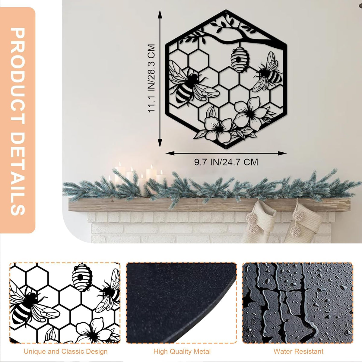 ruelen Metal Bee Wall Art - Farmhouse Honey Bee and Hives with Flowers Metal Wall Decor for Living Room,Bedroom,Garden,Office Gardener & Bee Keeper (11.14x9.72in)