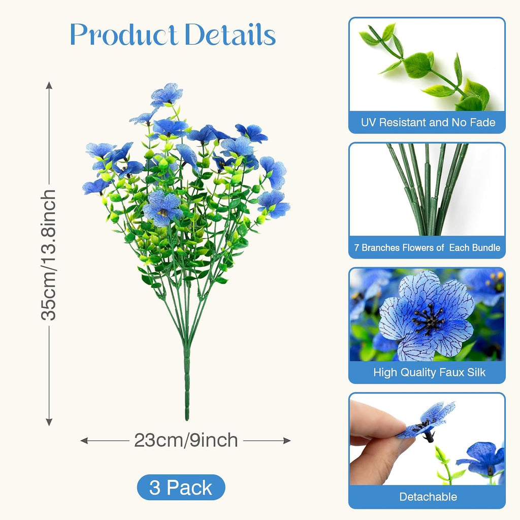 12 Bundles Artificial Flowers for Outdoors, Fake Silk Plastic Flowers for Outside, UV Resistant Faux Plants for Outside Garden Porch Window Home Planters Decoration (Blue)