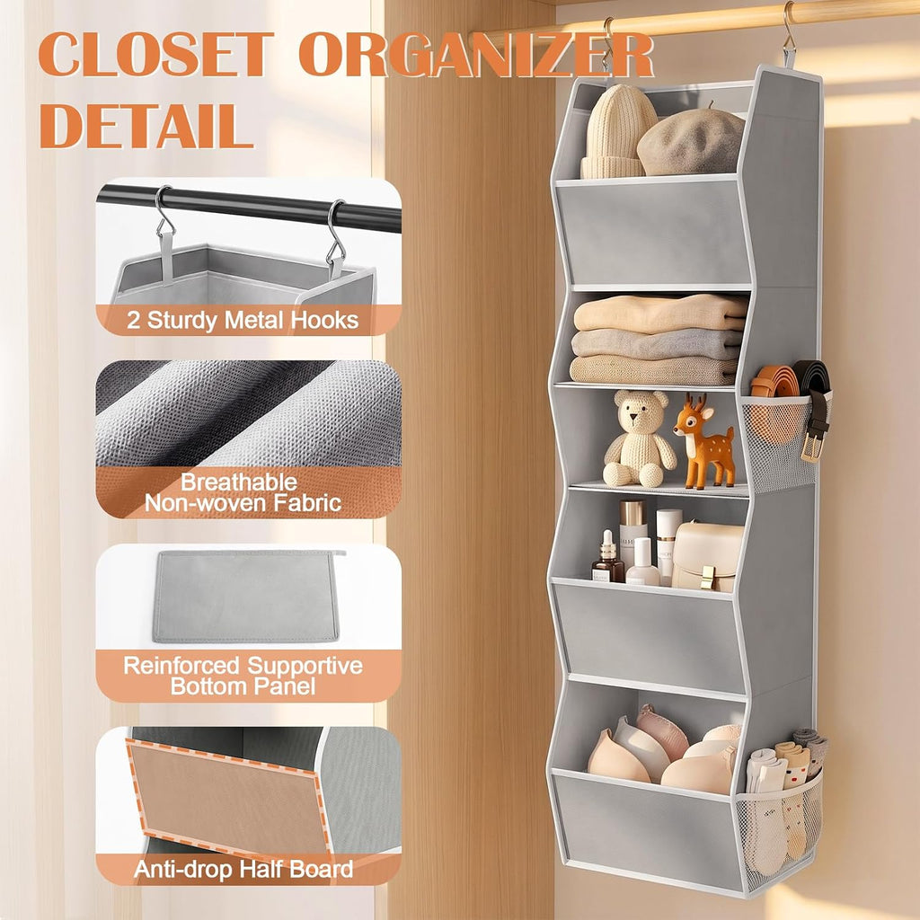 sutinban Hanging Closet Organizer 5 Shelf with 4 Side Mesh Pockets, Foldable Closet Organizers and Storage Hanging for Wardrobe, Closet Rod & RV Camping, Front Anti-Slip Support, Grey