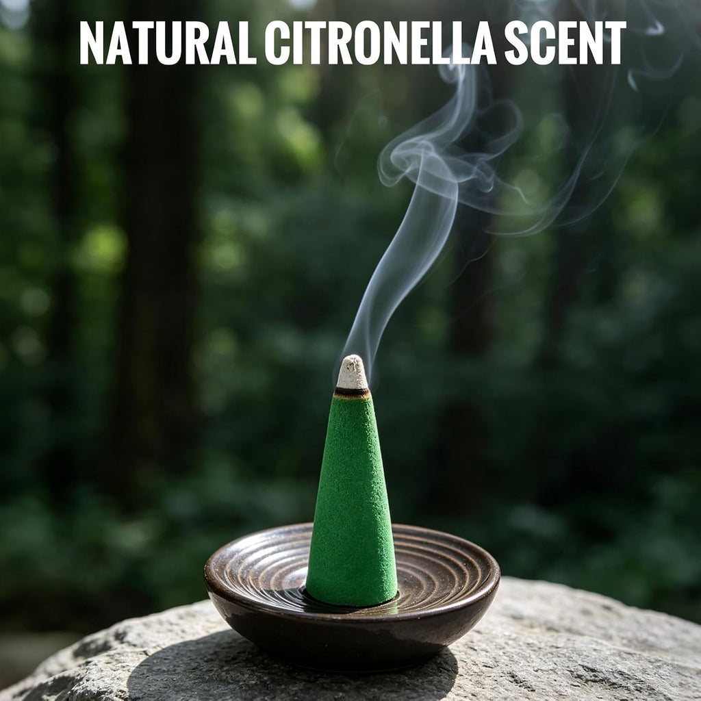 Citronella Cones (50 Cones) – Citronella Incense Cones with Ceramic Dish, Citronella Incense Cones Outdoor for Home Outside, Pool Side, Patio, Camping, Porches, Courtyards – Long Lasting Natural Scent