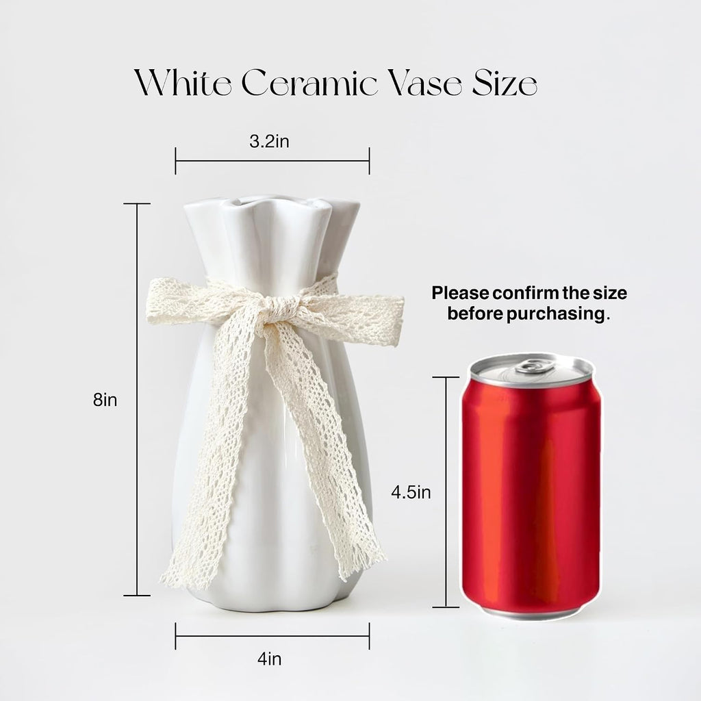 White Ceramic Flower Vase, 8 in Modern Decorative Vases for Home Decor