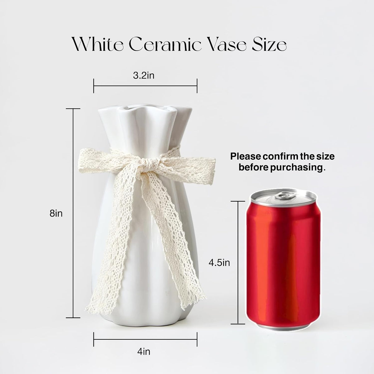 White Ceramic Flower Vase, 8 in Modern Decorative Vases for Home Decor