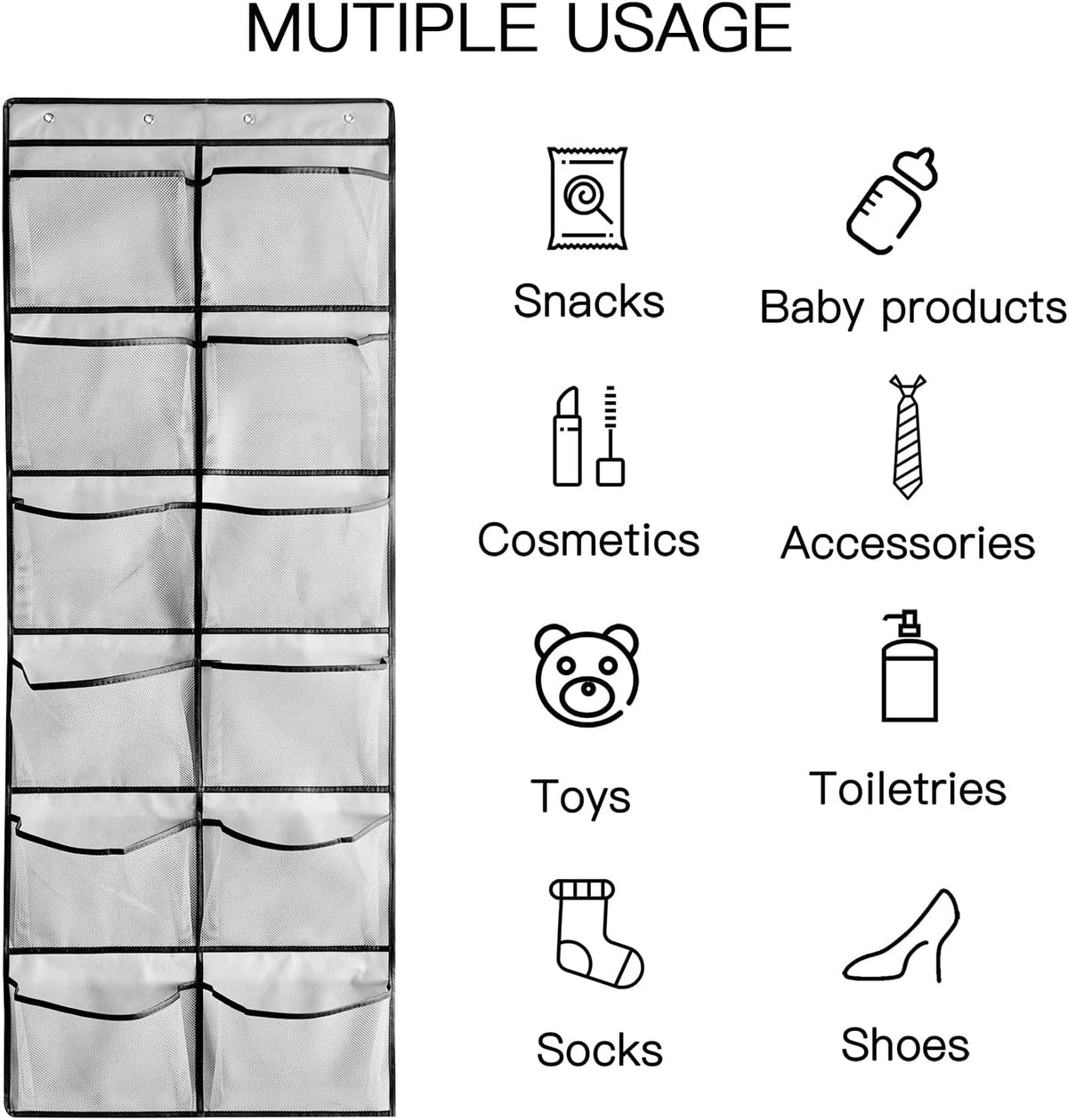 1 Pack 12 Breathable Mesh Pockets Large Hanging Shoe Organizer Over The Door Shoe Rack for Closet Door Storage Shoe Holder Hanger, 4Hooks, Grey (59'' x 21.6'')