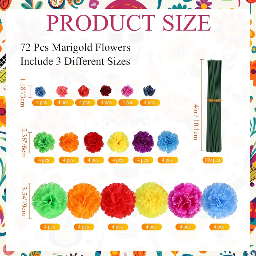 Daifunli 72 Pcs Day of The Dead Artificial Marigold Flowers, Multi-Color