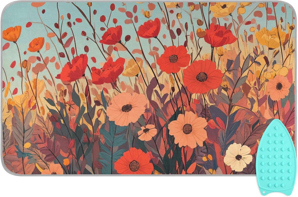 Autumn Poppy Flowers Ironing Mat Portable Ironing Pad Blanket with Silicone Iron Rest for Table Top Travel Heat Resistant Double-Side Using Large 47x28 Inch Foldable