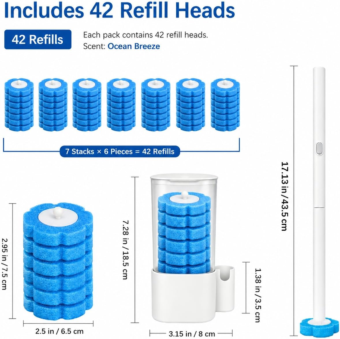 Disposable Toilet Brush with 42 Blue Refills, Toilet Bowl Cleaner Brush with Holder, Wall Mounted Toilet Wand Kit, Deep Cleaning Disposable Scrub Brush Heads