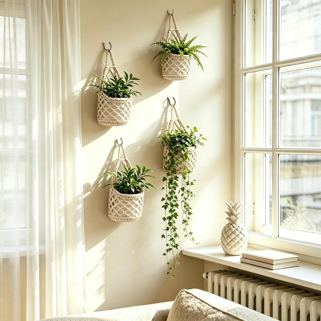 4-Pack 5-Inch Macrame Wall Plant Hangers Fits 4–5" Pots Up to 5" Tall Natural Cotton Hanging Planter Baskets for Indoor Plants, Boho-Style Woven Plant Baskets for Walls White