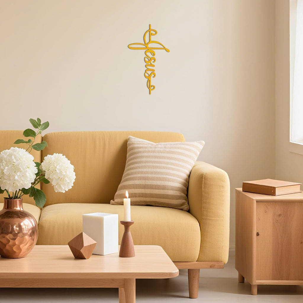 JEWLOVE Gold Jesus Cross Metal Wall Art, Christian Church Home Office Decor
