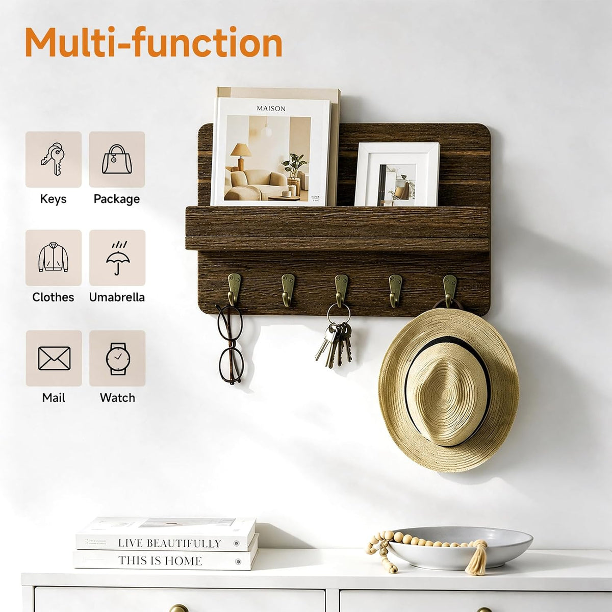 Key Holder Wall Mount,Key and Mail Organizer with Wooden Shelf,Charcoal