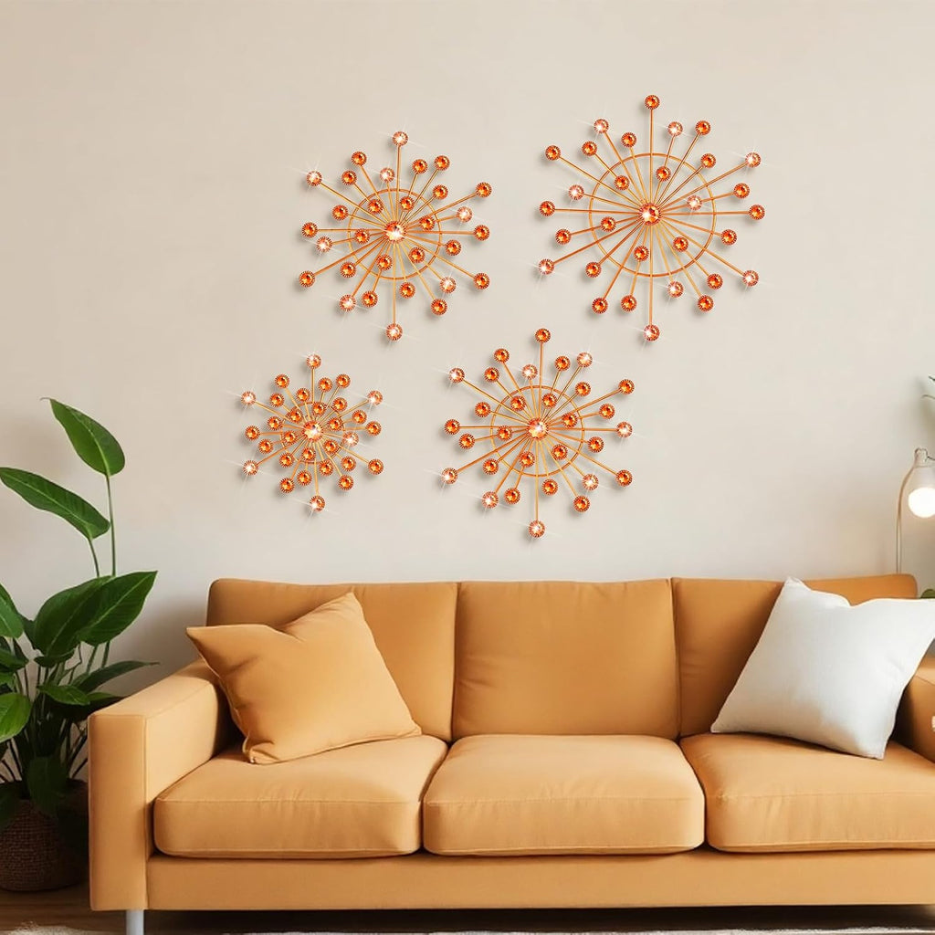 Blulu 4 Pcs Metal Wall Art Starburst Decor with 3D Rhinestone, Orange