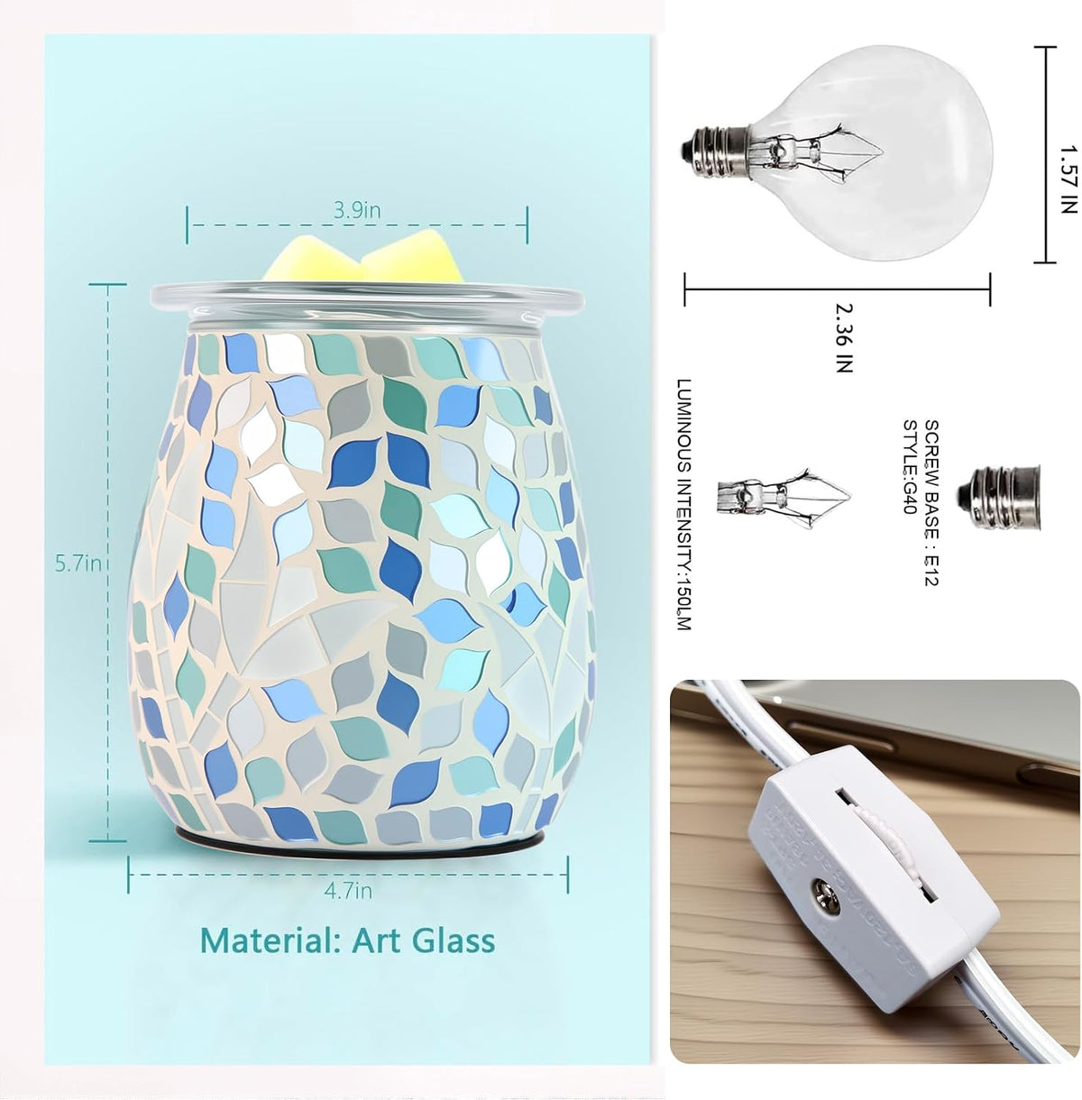 Electric Wax Warmer,Electric Wax Melt Warmer,Blue Green Gradient Mosaic Leaf Pattern for Home Office Gifts & Decor (Blue Green Gradient Mosaic)